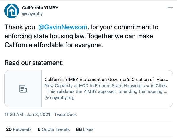 Tweet: Thank you, @GavinNewsom , for your commitment to enforcing state housing law. Together we can make California affordable for everyone. Read our statement: