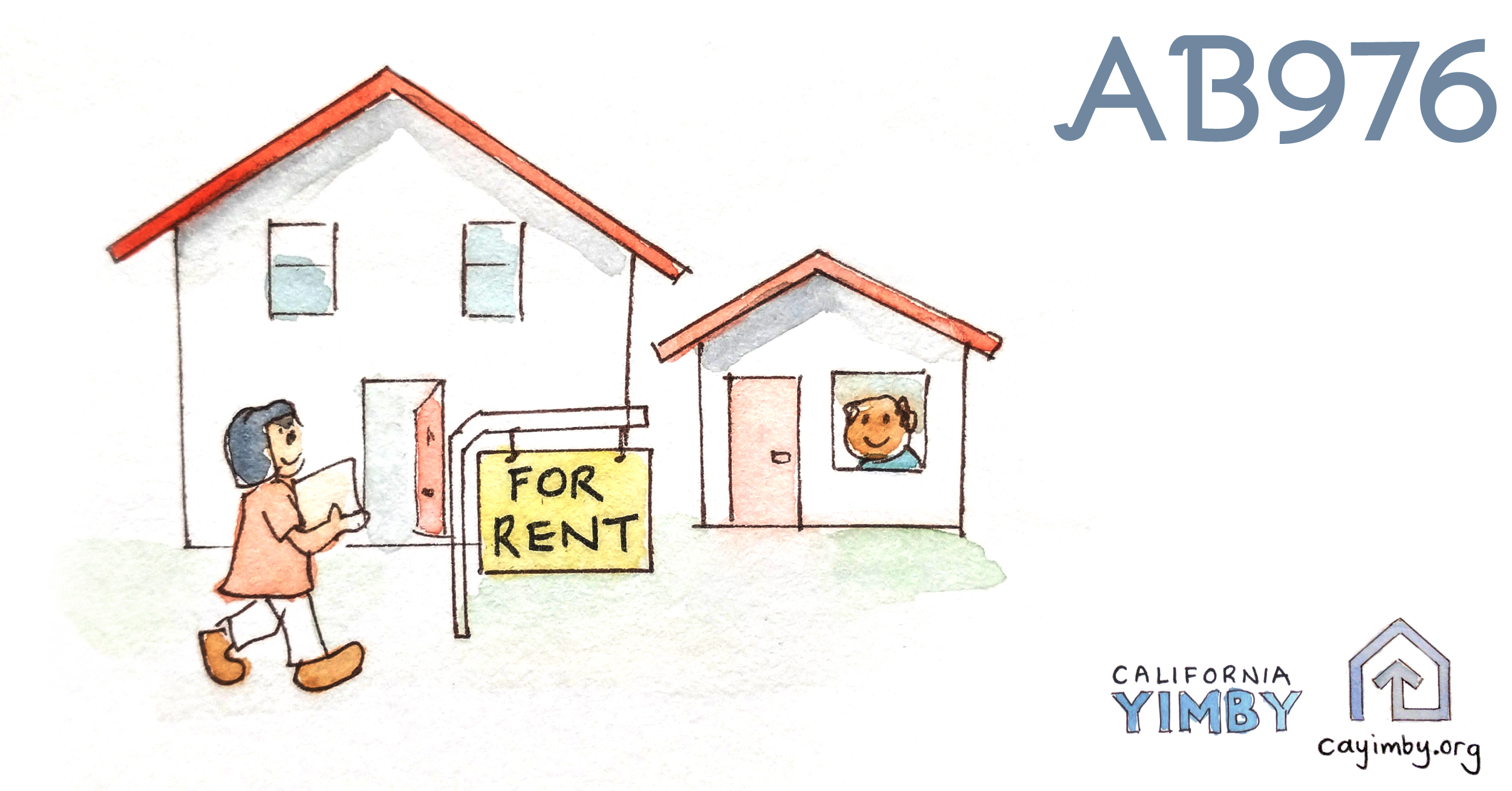 Illustration: A house and an ADU holding hands and smiling standing in front of a welcome mat